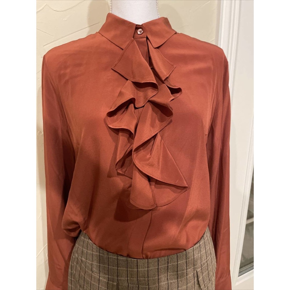 J. Crew Womens Burnt Orange Silk Ruffle Blouse Dress Shirt NWT Size 14 Large